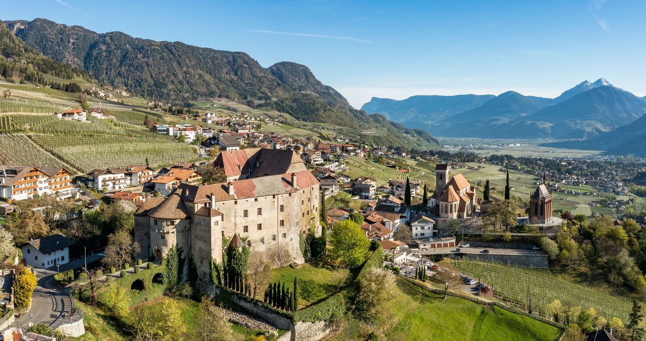 Ein mittelalterliches Schloss mit roten Dächern steht inmitten einer leicht hügeligen Landschaft, umgeben von Weinbergen, weiteren Gebäuden und schneebedeckten Bergen im Hintergrund unter einem klaren blauen Himmel.