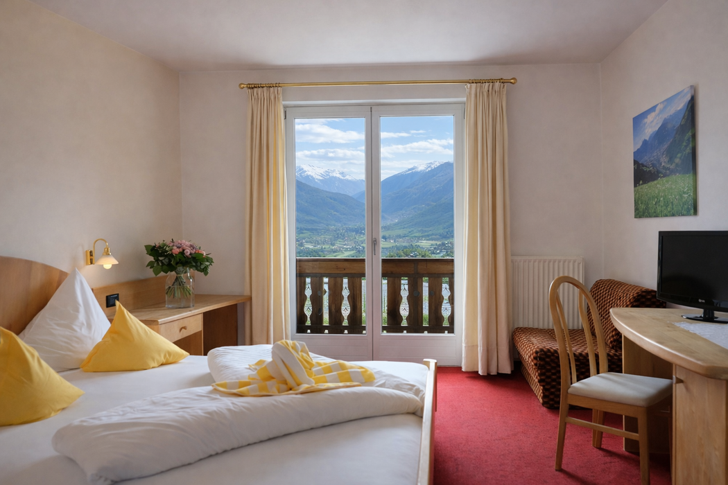 Ein Hotelzimmer mit einem Doppelbett, rotem Teppichboden, einem Schreibtisch mit Stuhl, einem Fernseher und einem Balkonzugang mit Blick auf die Berge.