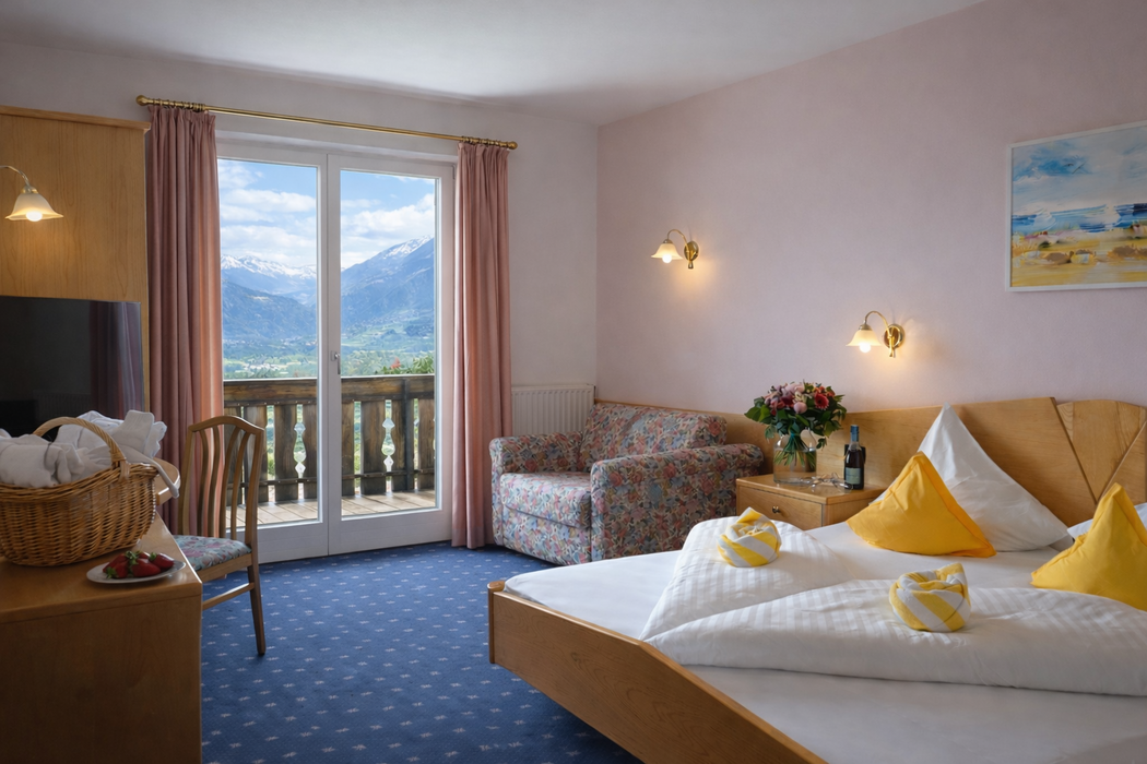 Ein freundliches, helles Hotelzimmer mit einem Doppelbett, blauen Teppichboden, einem blumigen Sessel und einem Balkon mit Blick auf die Berge.