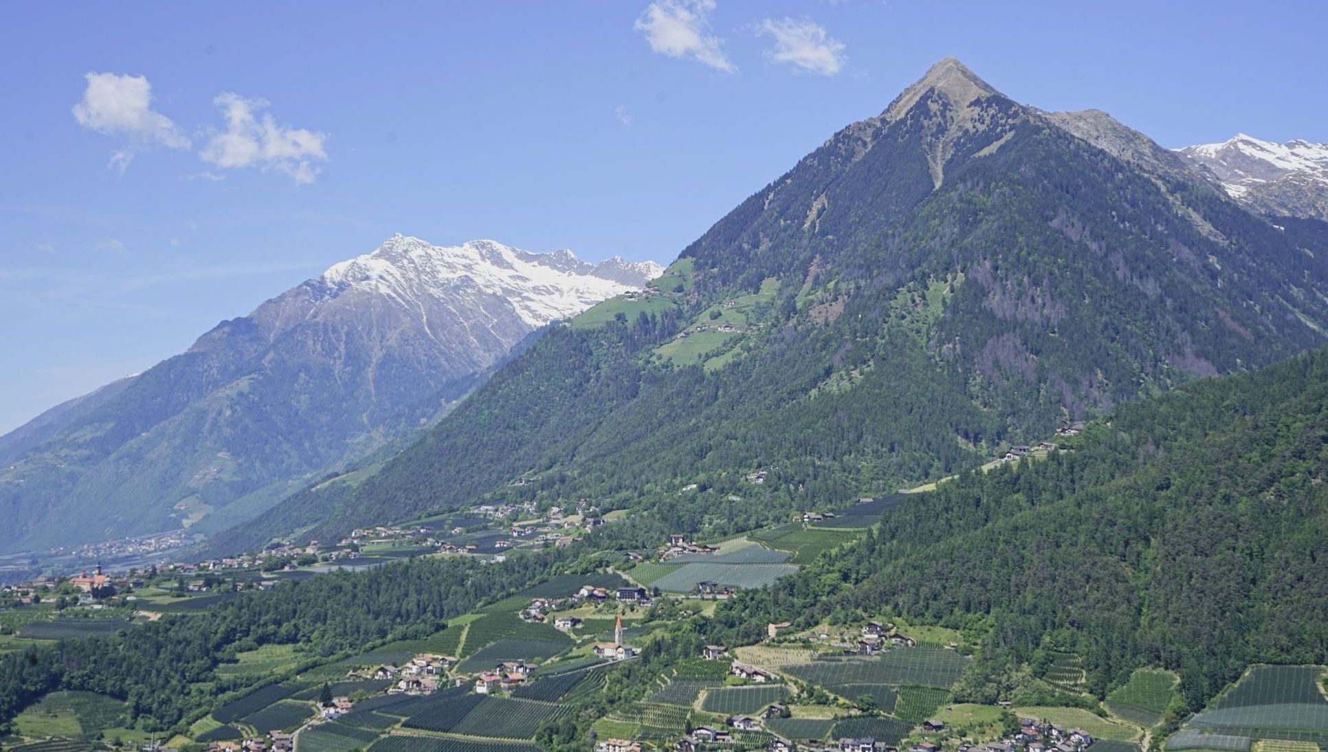 Blick auf bewaldete Berge und schneebedeckte Gipfel unter blauem Himmel mit einem Tal und verstreuten Häusern.